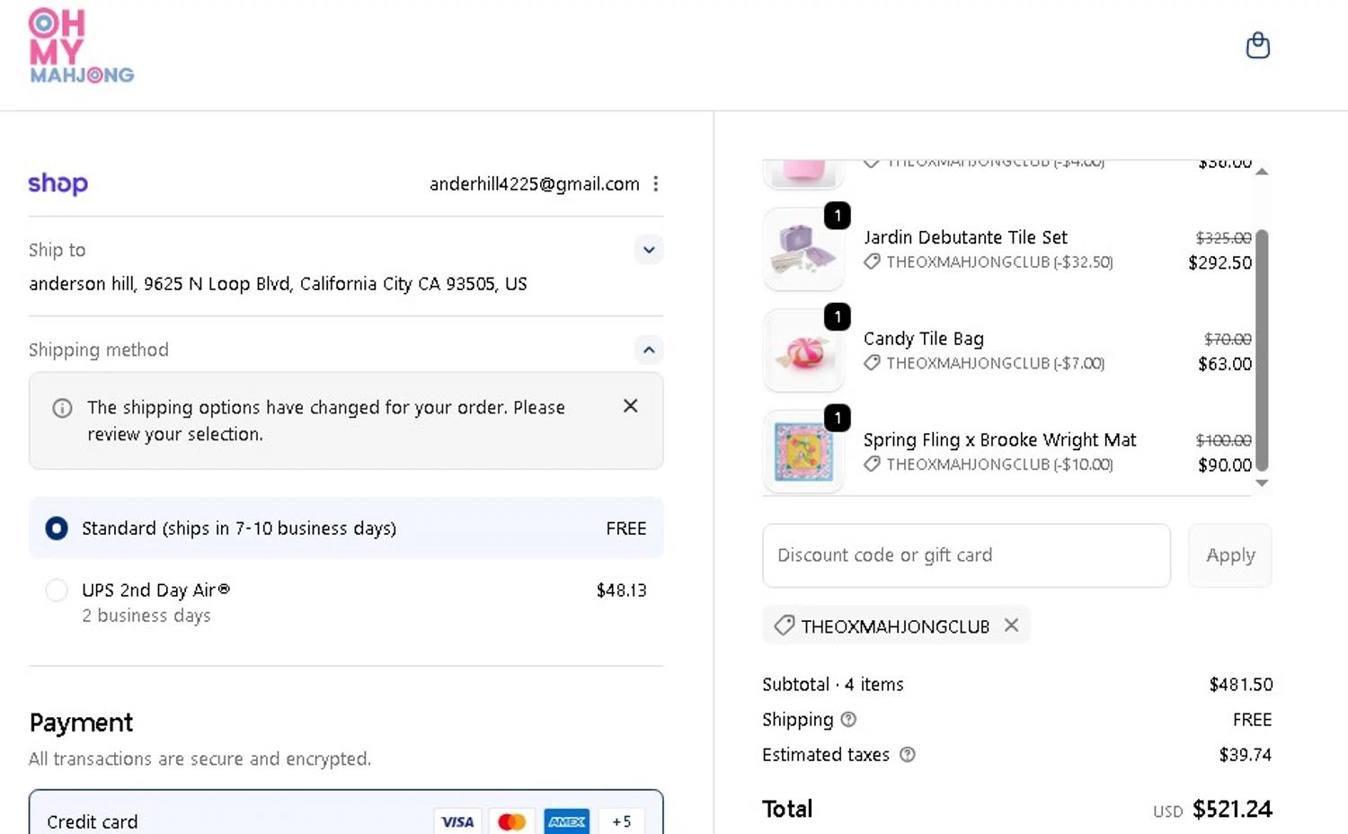 Oh My Mahjong discount code screenshot showing code theoxmahjongclub applied at Oh My Mahjong checkout page. Uploaded by SimplyCodes community member Elcompa on Oct 4, 2025