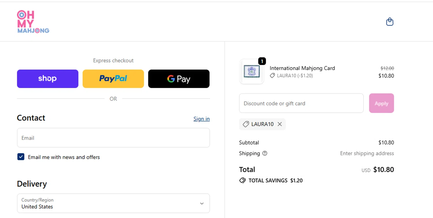 Oh My Mahjong discount code screenshot showing code laura10 applied at Oh My Mahjong checkout page. Uploaded by SimplyCodes community member yeresojperez on Dec 16, 2025