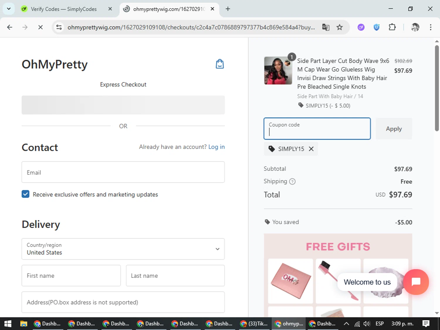 OhMyPretty coupon code screenshot showing code SIMPLY15 applied at OhMyPretty checkout page. Uploaded by SimplyCodes community member CleverLegend6607 on Oct 8, 2025