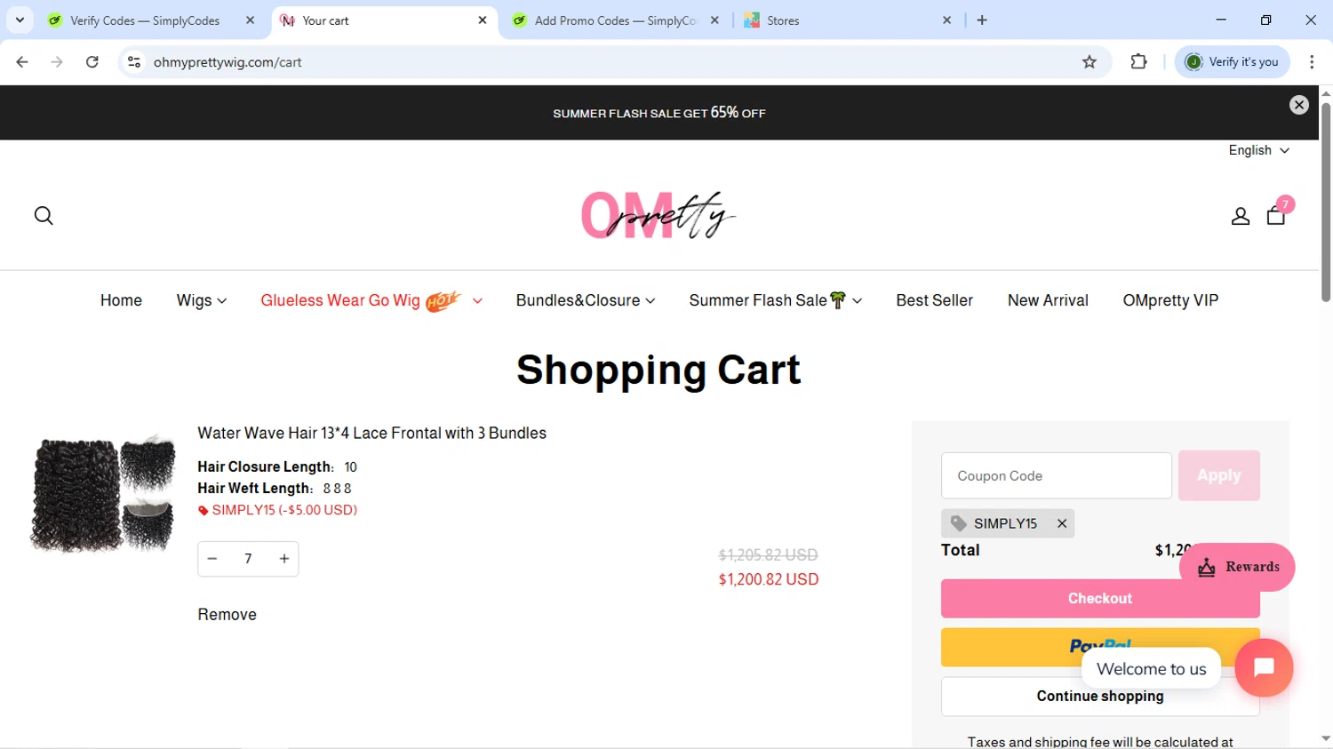 OhMyPretty coupon code screenshot showing code SIMPLY15 applied at OhMyPretty checkout page. Uploaded by SimplyCodes community member VoucherFox7461 on Jun 14, 2025