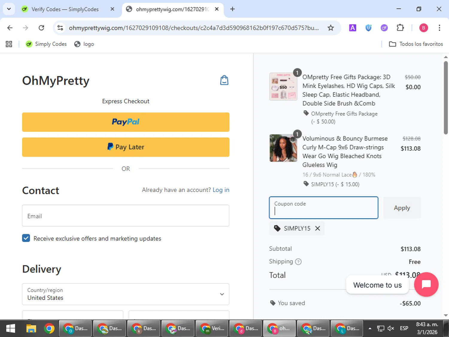 OhMyPretty coupon code screenshot showing code SIMPLY15 applied at OhMyPretty checkout page. Uploaded by SimplyCodes community member bombontropical on Jan 3, 2026