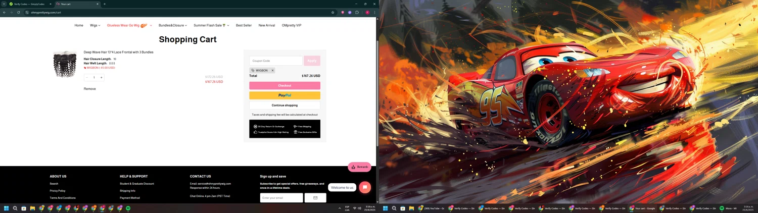 OhMyPretty coupon code screenshot showing code WIGBON applied at OhMyPretty checkout page. Uploaded by SimplyCodes community member ExtraordinaryVirtuoso281 on Jun 25, 2025