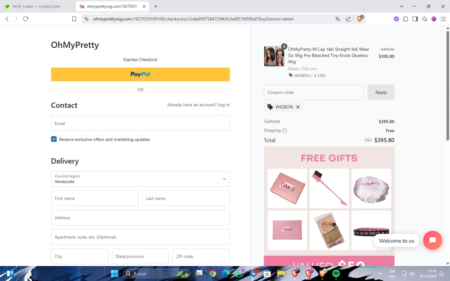 OhMyPretty coupon code screenshot showing code WIGBON applied at OhMyPretty checkout page. Uploaded by SimplyCodes community member JavinhoSantos on May 16, 2025