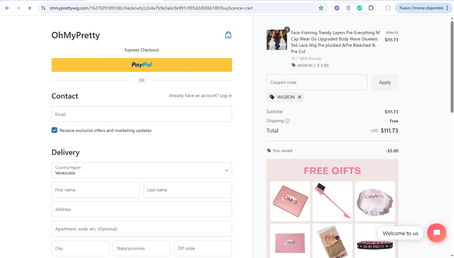OhMyPretty coupon code screenshot showing code WIGBON applied at OhMyPretty checkout page. Uploaded by SimplyCodes community member user1998 on Sep 29, 2025