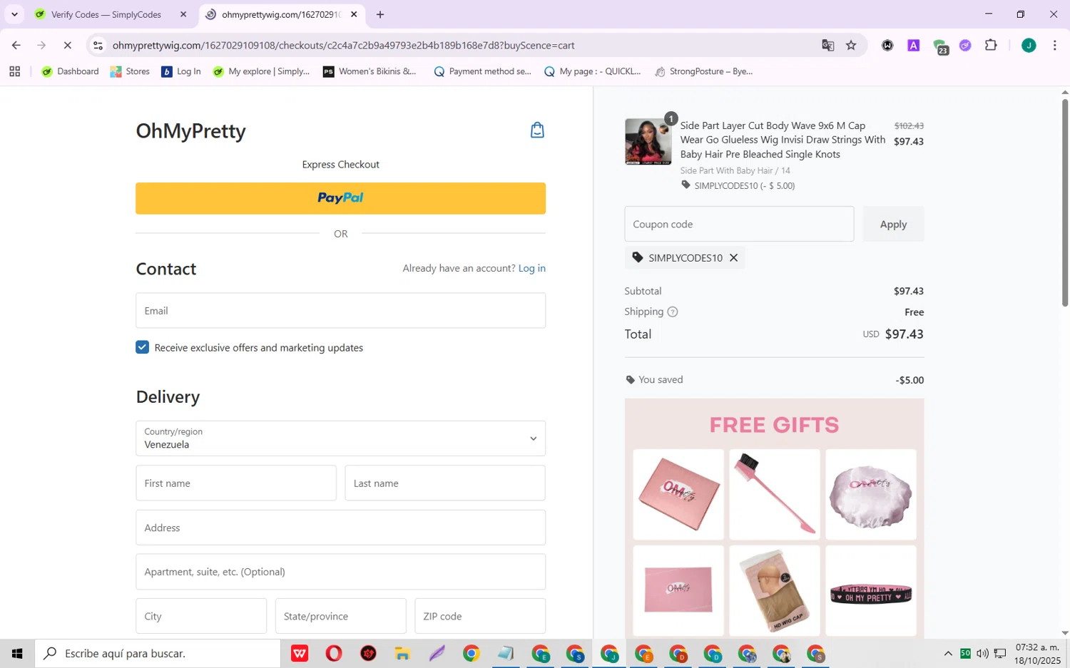 OhMyPretty coupon code screenshot showing code SIMPLYCODES10 applied at OhMyPretty checkout page. Uploaded by SimplyCodes community member SarayH on Oct 18, 2025