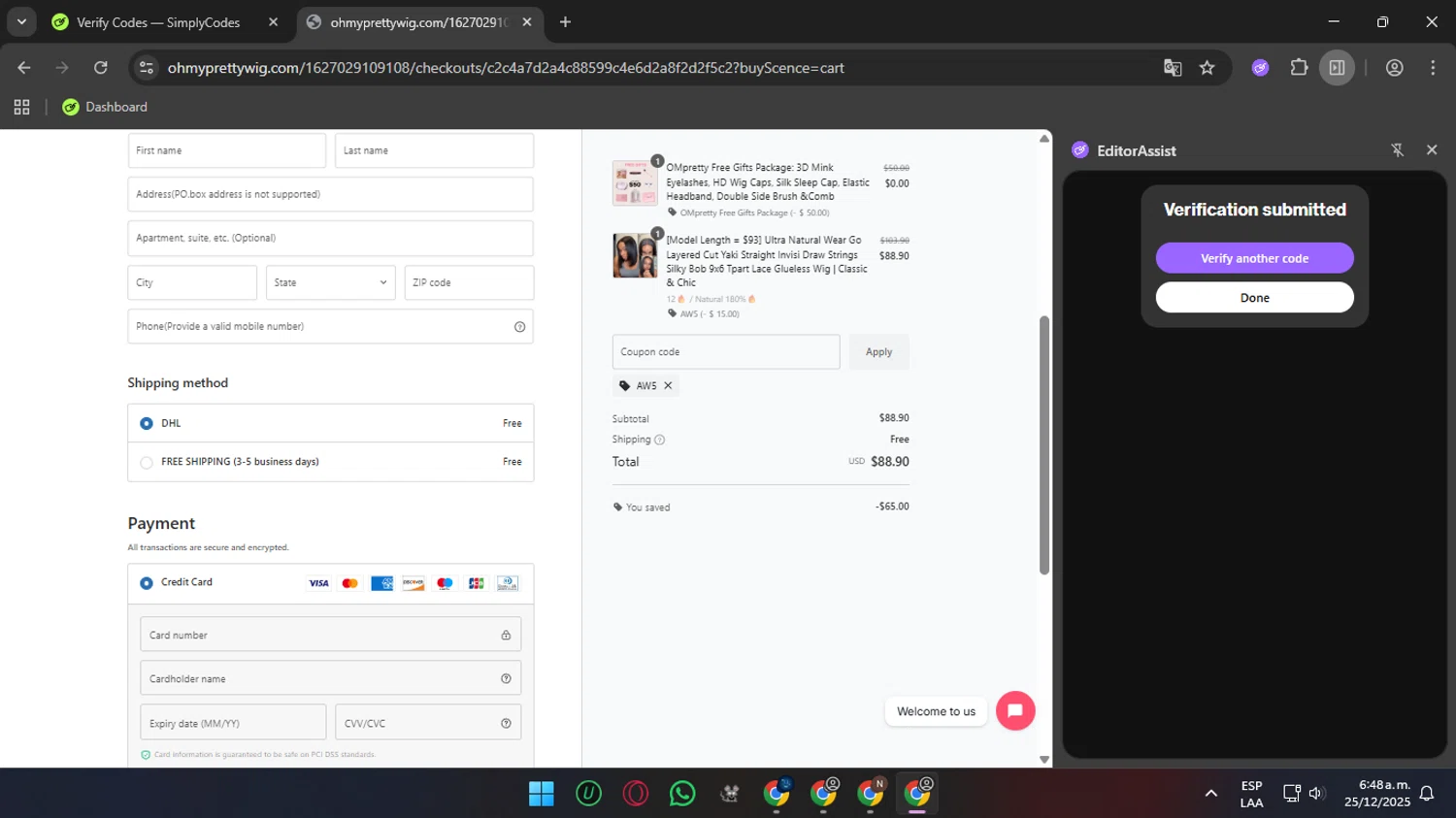 OhMyPretty coupon code screenshot showing code Aw5 applied at OhMyPretty checkout page. Uploaded by SimplyCodes community member SunJinWoo on Dec 25, 2025