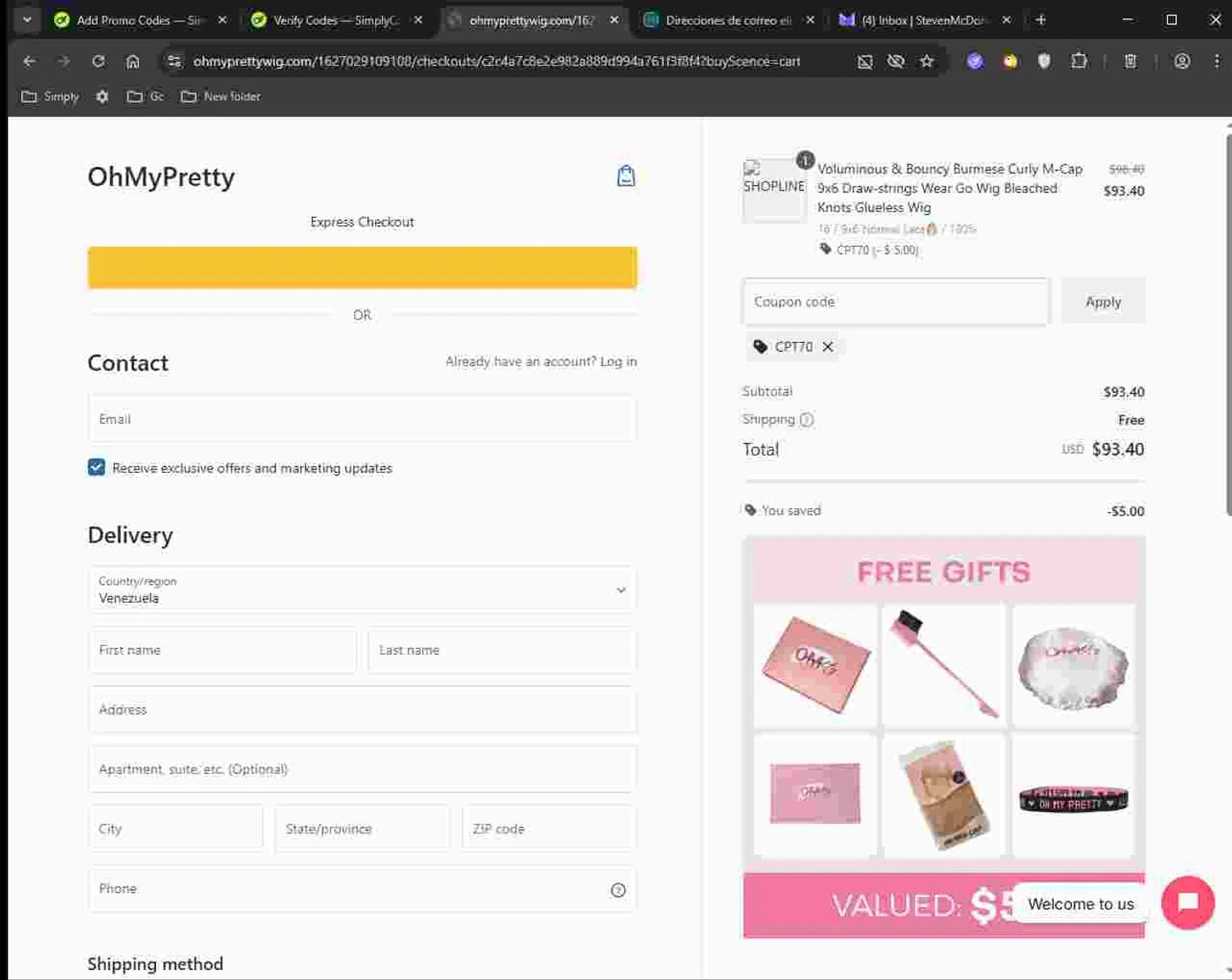 OhMyPretty coupon code screenshot showing code CPT70 applied at OhMyPretty checkout page. Uploaded by SimplyCodes community member Deadpool on Nov 30, 2025