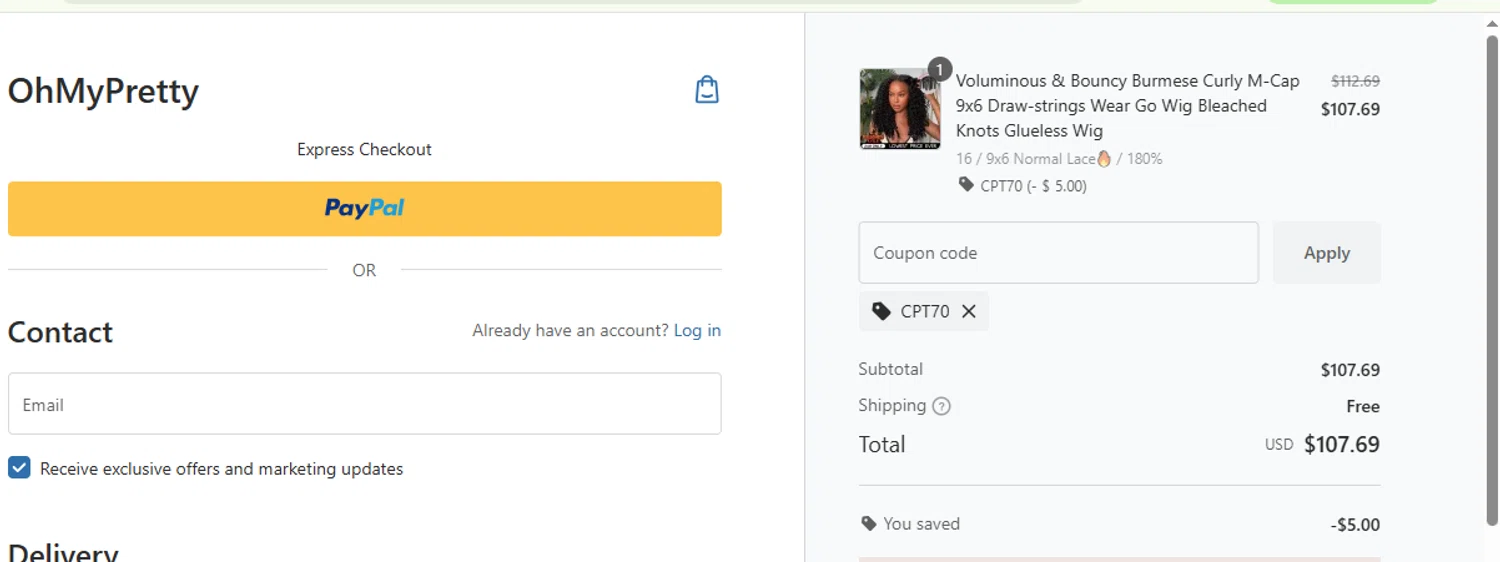 OhMyPretty coupon code screenshot showing code CPT70 applied at OhMyPretty checkout page. Uploaded by SimplyCodes community member Fish3r on Oct 31, 2025