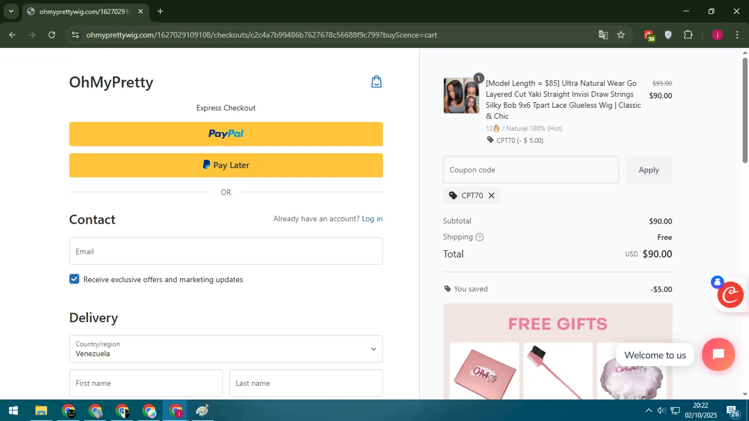 OhMyPretty coupon code screenshot showing code CPT70 applied at OhMyPretty checkout page. Uploaded by SimplyCodes community member MoneyScholar5687 on Oct 3, 2025