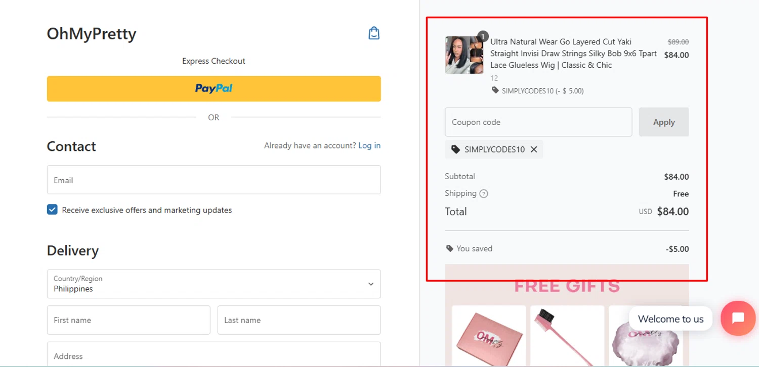OhMyPretty coupon code screenshot showing code SIMPLYCODES10 applied at OhMyPretty checkout page. Uploaded by SimplyCodes community member Swiftdealz on Jul 21, 2025