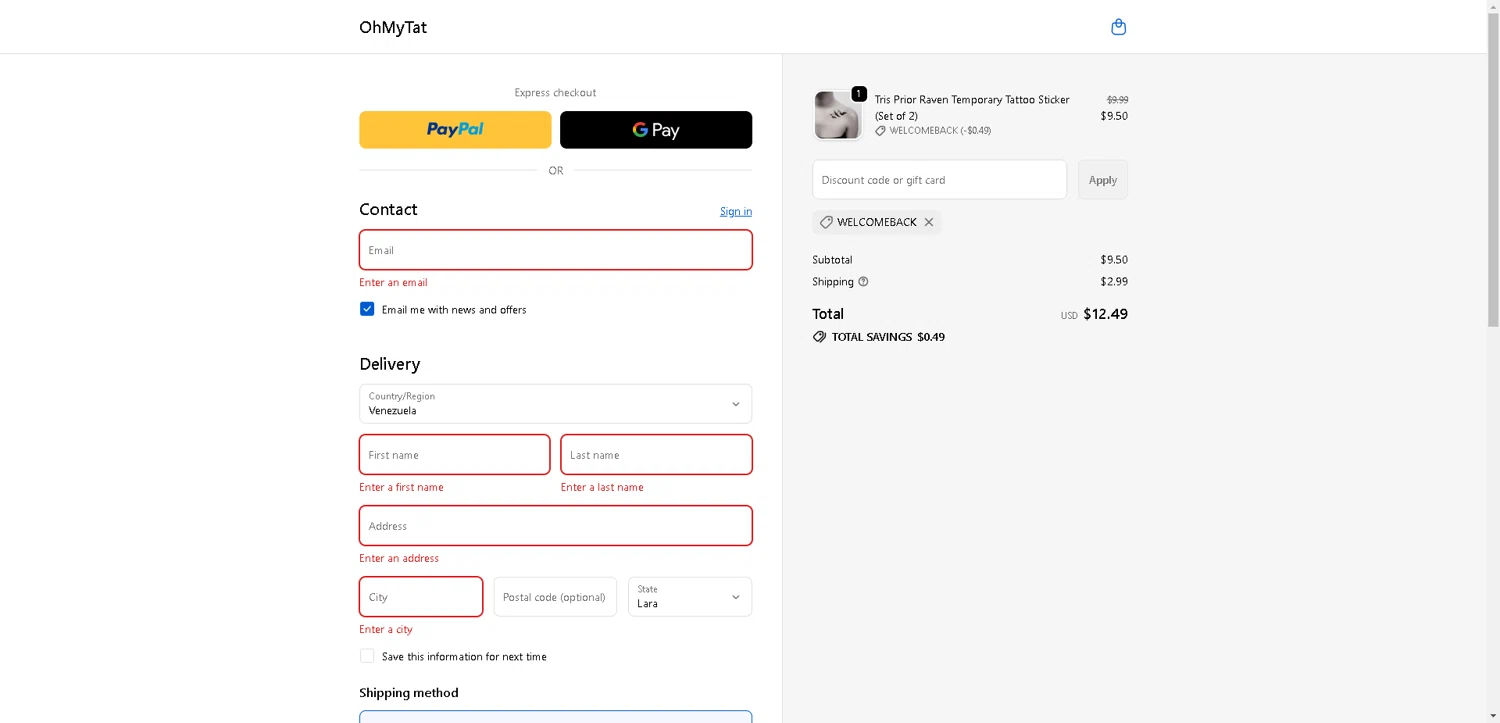 OhMyTat discount code screenshot showing code WELCOMEBACK applied at OhMyTat checkout page. Uploaded by SimplyCodes community member DerekRoberson on Nov 7, 2025