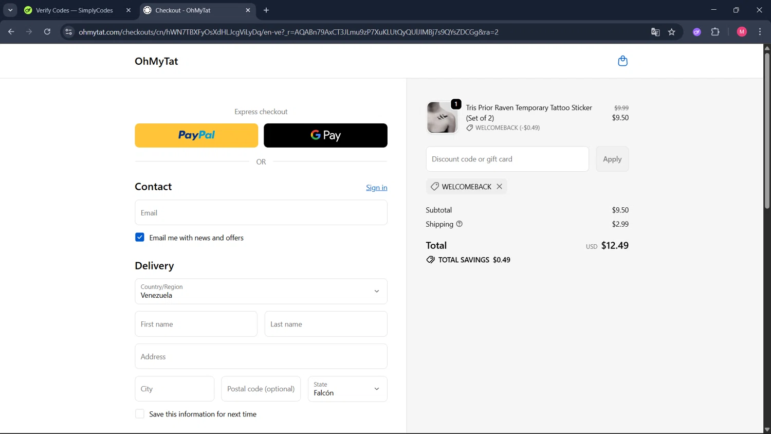 OhMyTat discount code screenshot showing code WELCOMEBACK applied at OhMyTat checkout page. Uploaded by SimplyCodes community member ValueCollector4159 on Jan 11, 2026