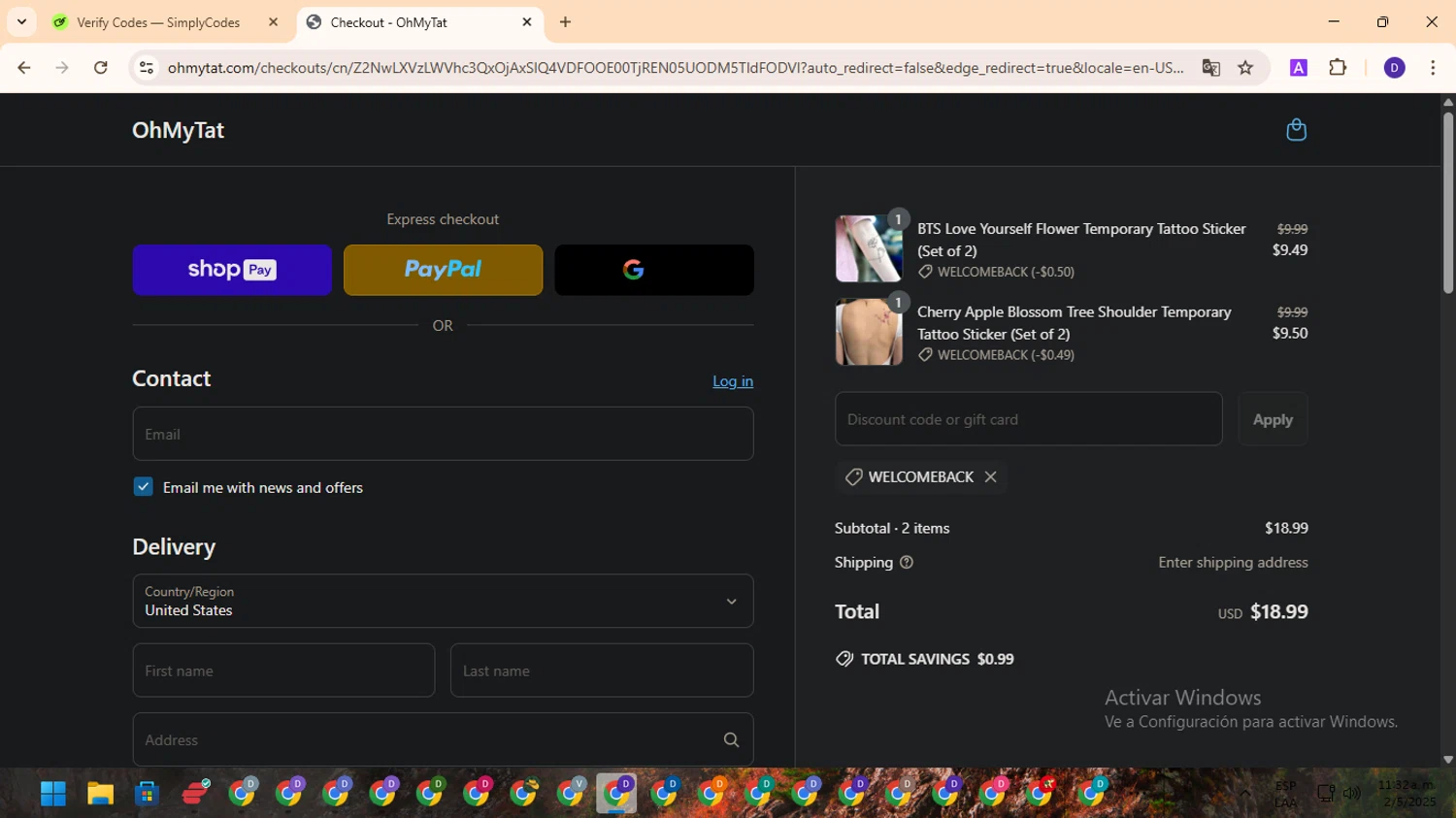 OhMyTat discount code screenshot showing code WELCOMEBACK applied at OhMyTat checkout page. Uploaded by SimplyCodes community member MagnificentFinder9583 on May 2, 2025