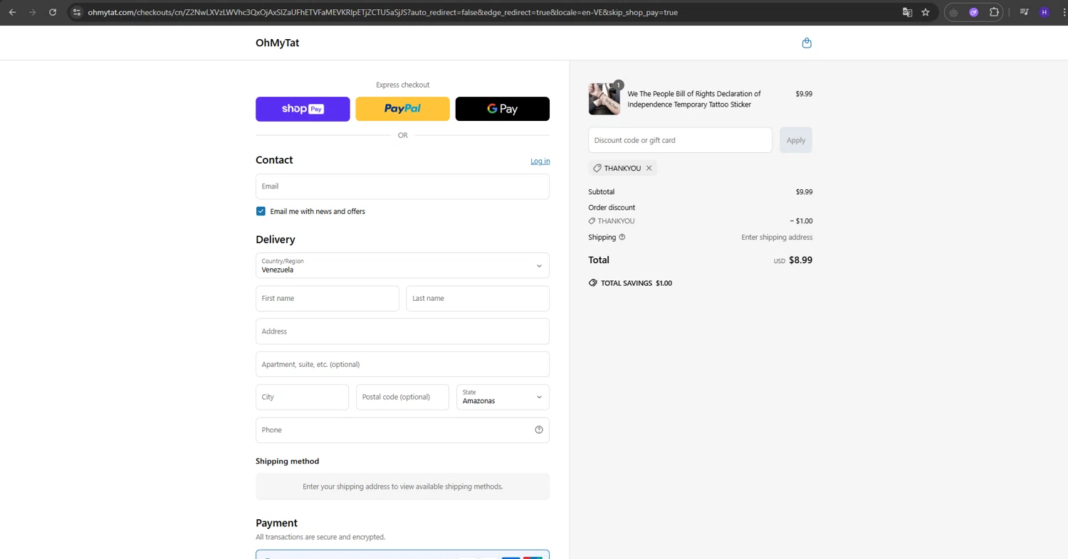 OhMyTat discount code screenshot showing code Thankyou applied at OhMyTat checkout page. Uploaded by SimplyCodes community member RebateVirtuoso9954 on May 23, 2025