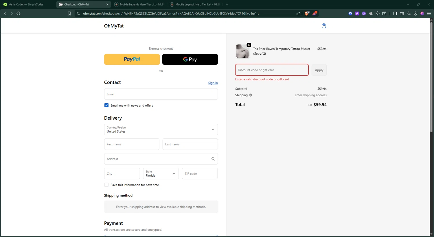 OhMyTat discount code screenshot showing code tat2025 applied at OhMyTat checkout page. Uploaded by SimplyCodes community member BonusShopper4099 on Jan 6, 2026