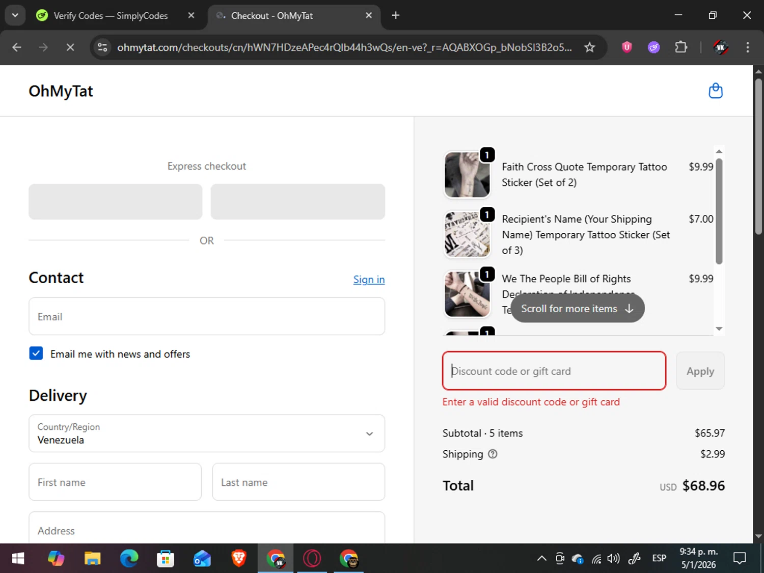 OhMyTat discount code screenshot showing code tat2025 applied at OhMyTat checkout page. Uploaded by SimplyCodes community member TreasureAdmiral6867 on Jan 6, 2026