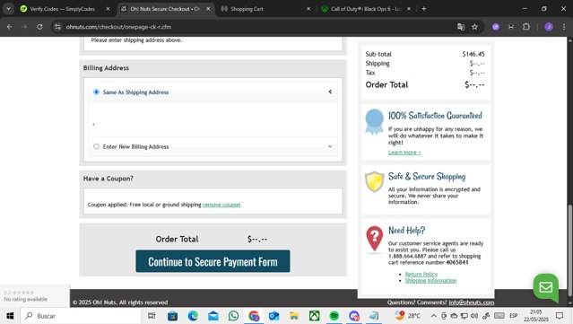 Oh Nuts checkout page showing Oh Nuts promo code box | Screenshot taken by SimplyCodes community member on May 23, 2025