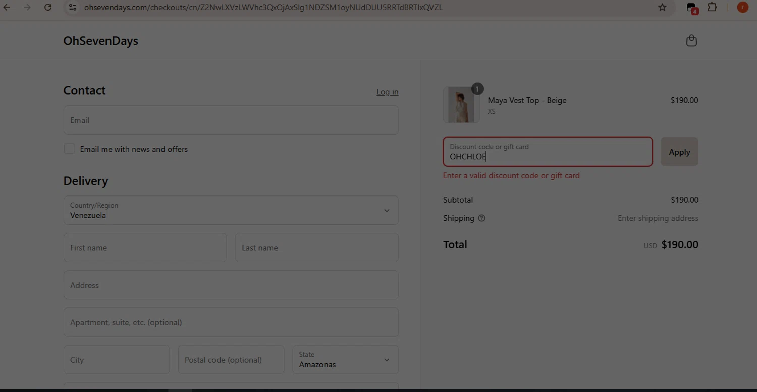 OhSevenDays promo code screenshot showing code OHCHLOE applied at OhSevenDays checkout page. Uploaded by SimplyCodes community member CashMaverick1144 on Jun 7, 2025