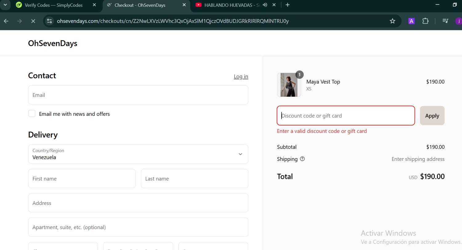 OhSevenDays promo code screenshot showing code OHASHLEY applied at OhSevenDays checkout page. Uploaded by SimplyCodes community member Trump23 on Apr 18, 2025