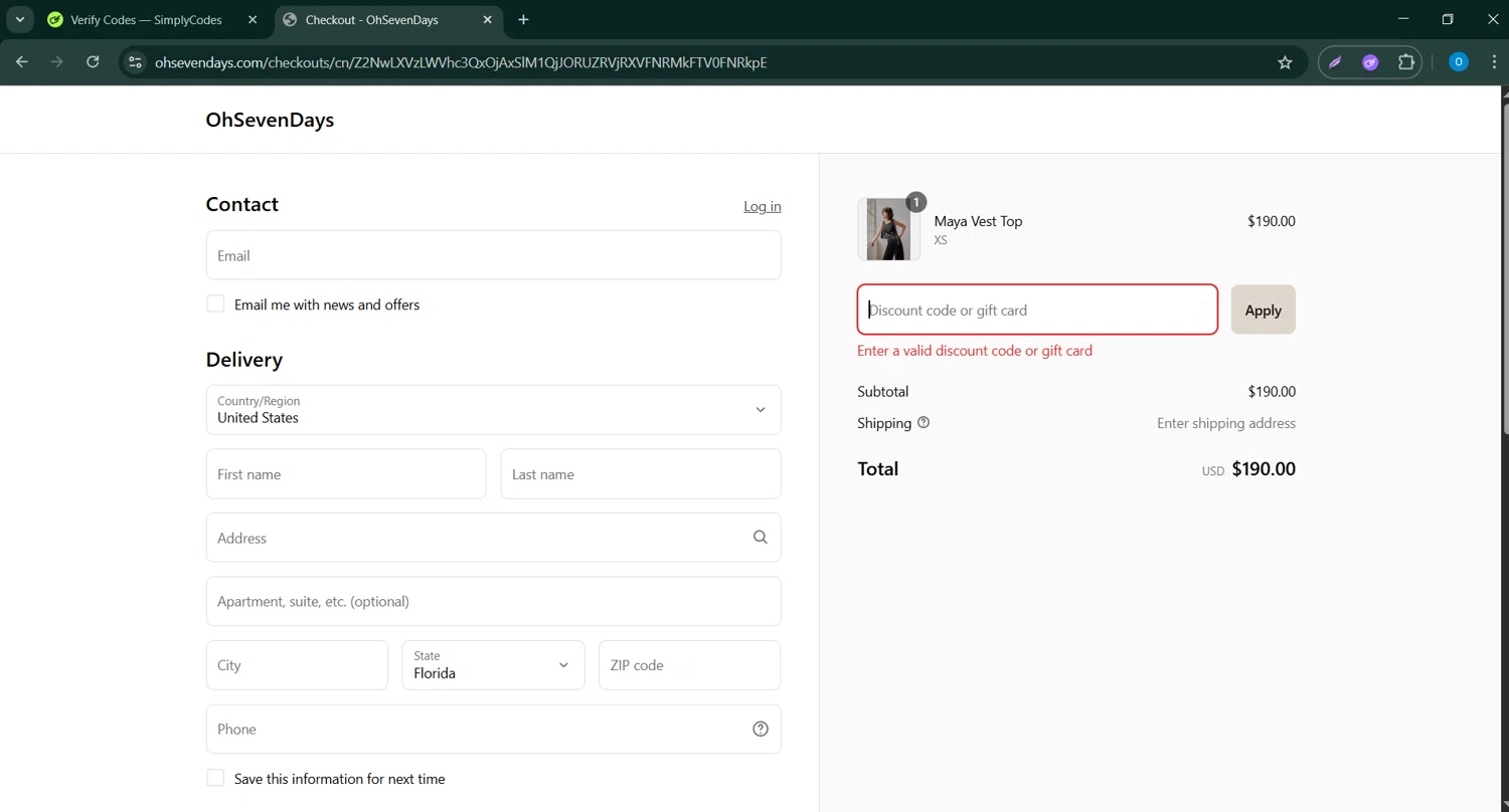 OhSevenDays promo code screenshot showing code OHASHLEY applied at OhSevenDays checkout page. Uploaded by SimplyCodes community member CodeScholar4340 on Apr 18, 2025
