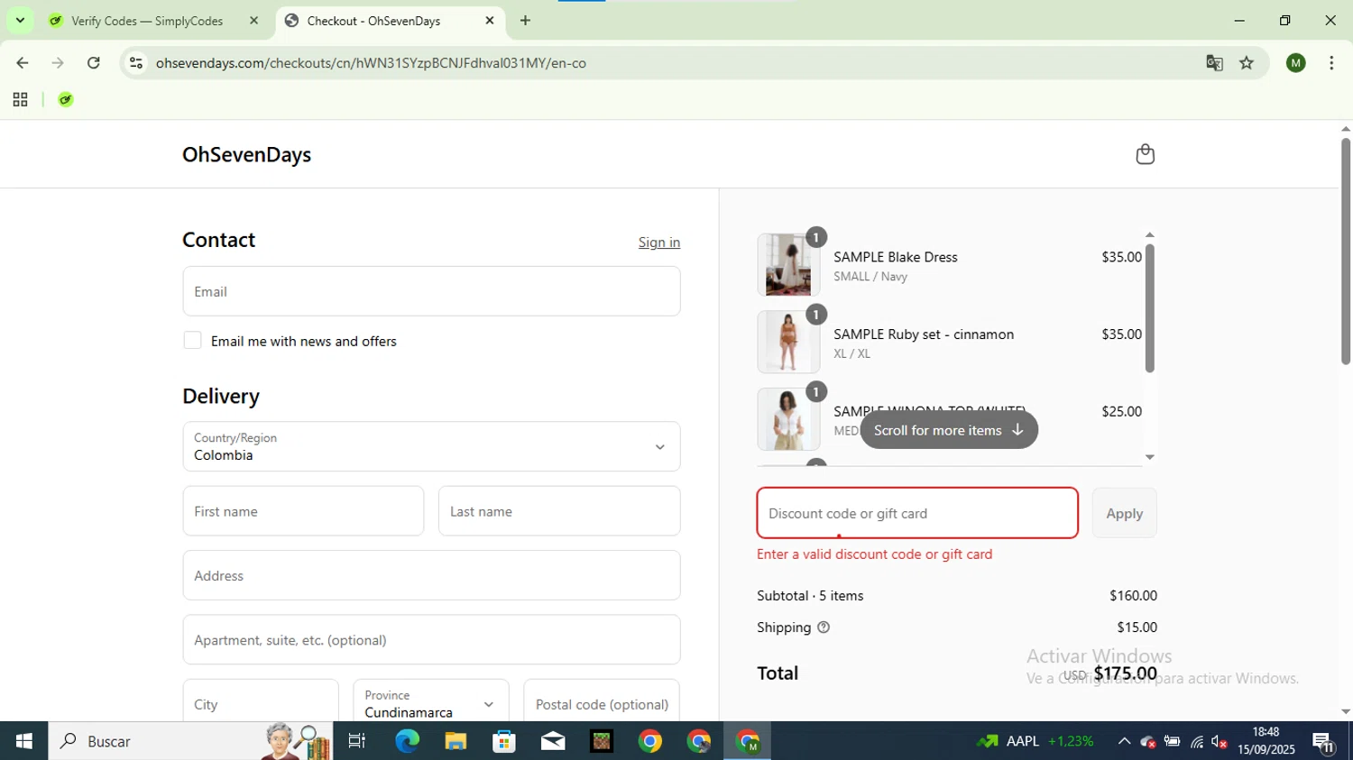 OhSevenDays promo code screenshot showing code BYEBYESUMMER25 applied at OhSevenDays checkout page. Uploaded by SimplyCodes community member Mortek on Sep 15, 2025