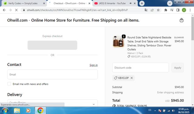 Ohwill checkout page showing Ohwill promo code box | Screenshot taken by SimplyCodes community member on Oct 6, 2025