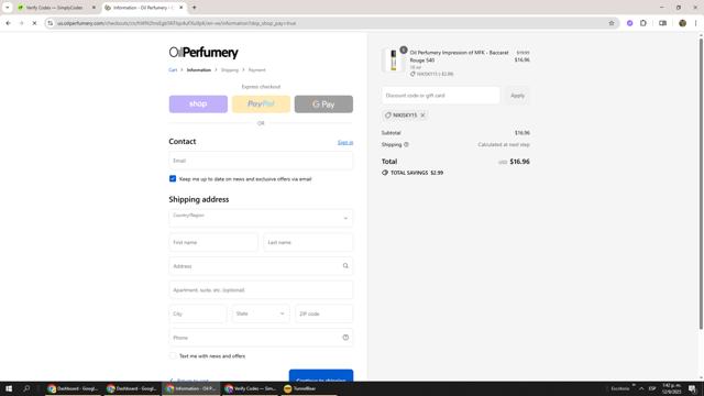 Oil Perfumery checkout page showing Oil Perfumery discount code box | Screenshot taken by SimplyCodes community member on Sep 12, 2025