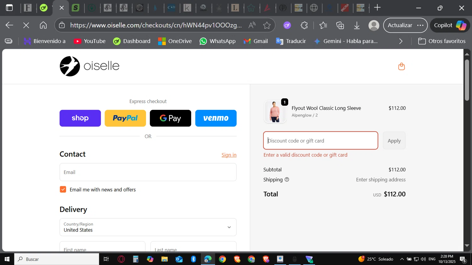 Oiselle coupon code screenshot showing code WTF25 applied at Oiselle checkout page. Uploaded by SimplyCodes community member Carbon132 on Oct 13, 2025