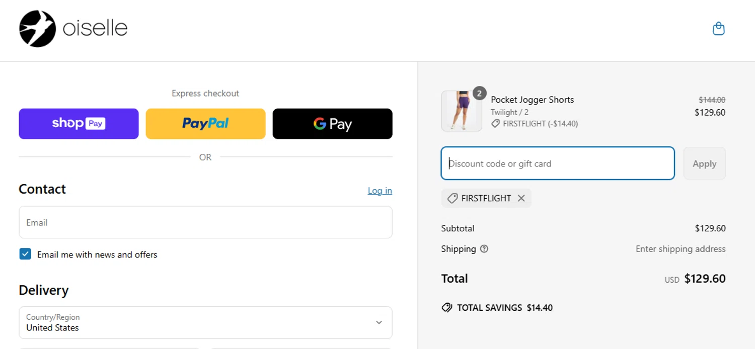 Oiselle coupon code screenshot showing code FIRSTFLIGHT applied at Oiselle checkout page. Uploaded by SimplyCodes community member Milk_Tea on Apr 14, 2025