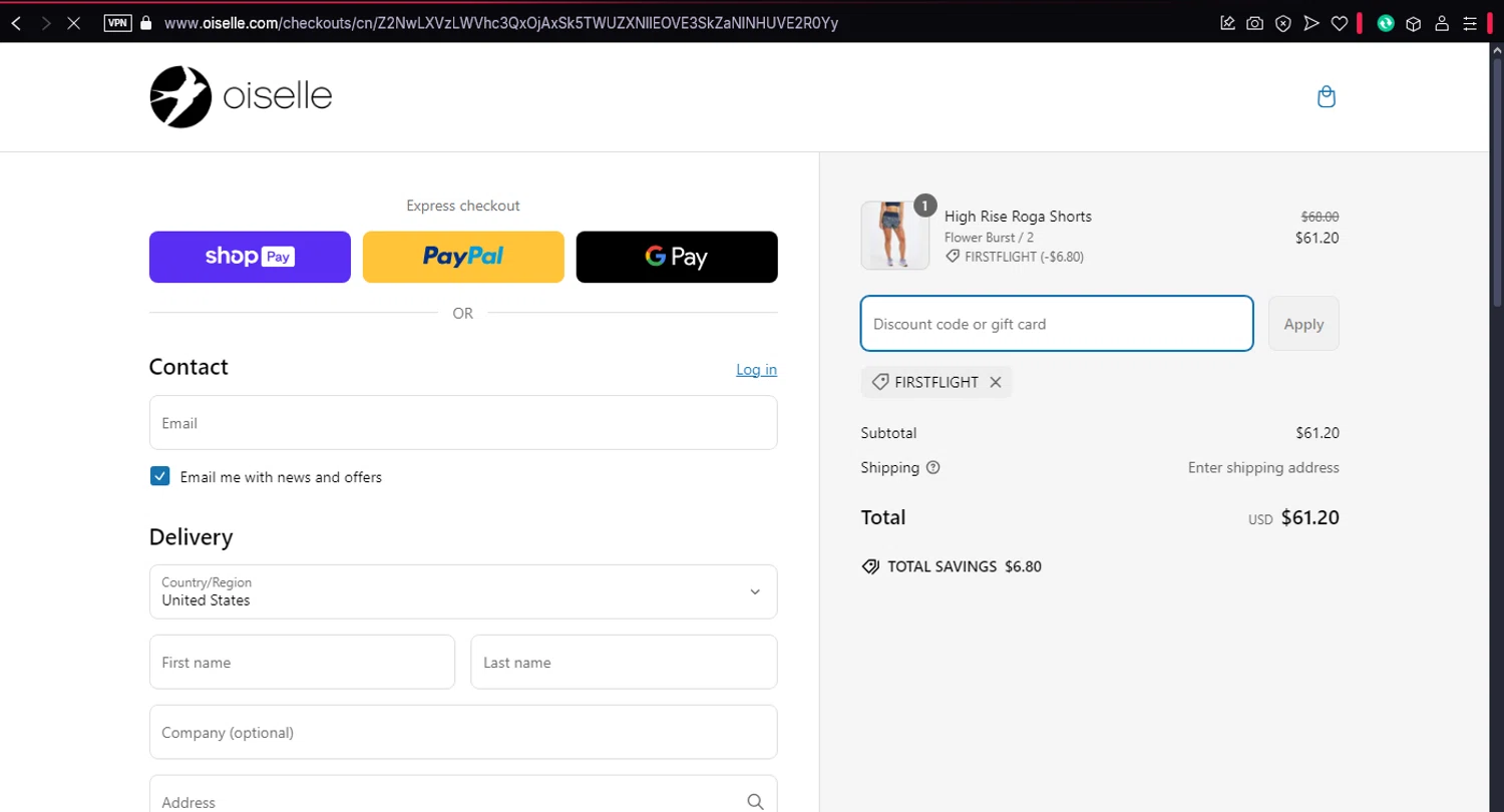 Oiselle coupon code screenshot showing code FIRSTFLIGHT applied at Oiselle checkout page. Uploaded by SimplyCodes community member user1998 on Mar 8, 2025