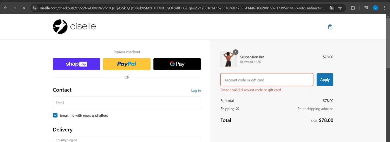 Oiselle coupon code screenshot showing code EXTRA20 applied at Oiselle checkout page. Uploaded by SimplyCodes community member Jeanjc on Feb 14, 2025