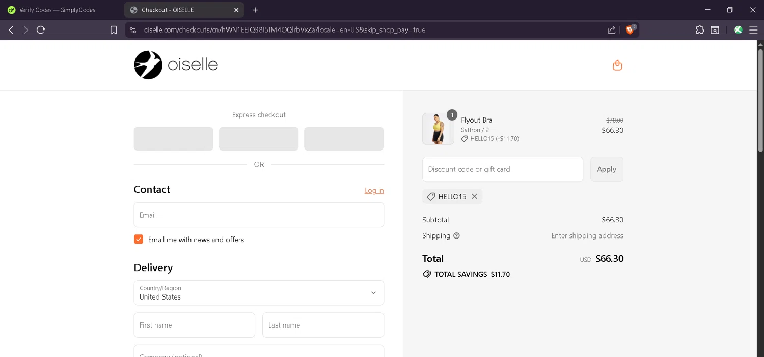 Oiselle coupon code screenshot showing code hello15 applied at Oiselle checkout page. Uploaded by SimplyCodes community member Estefani4 on Jul 30, 2025