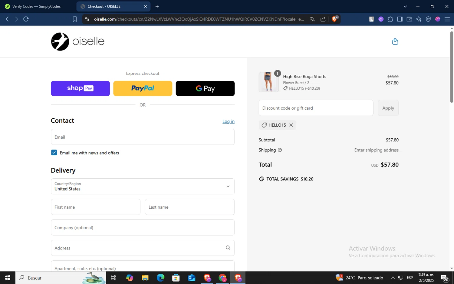 Oiselle coupon code screenshot showing code hello15 applied at Oiselle checkout page. Uploaded by SimplyCodes community member TokenSaver1205 on May 2, 2025