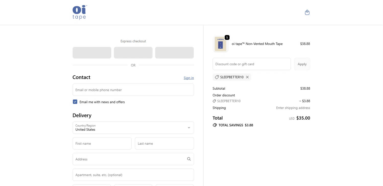 oi tape discount code screenshot showing code SLEEPBETTER10 applied at oi tape checkout page. Uploaded by SimplyCodes community member Alydrop on Jan 10, 2026