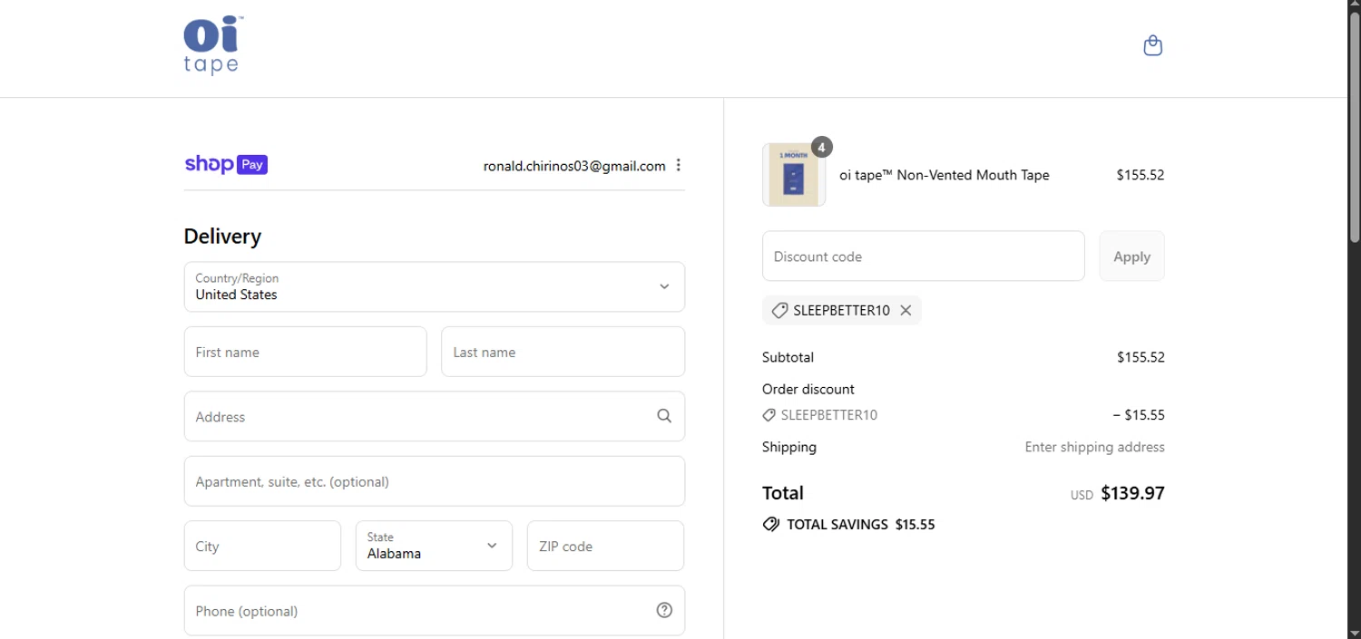 oi tape discount code screenshot showing code SLEEPBETTER10 applied at oi tape checkout page. Uploaded by SimplyCodes community member BrilliantTitan7739 on Aug 15, 2025