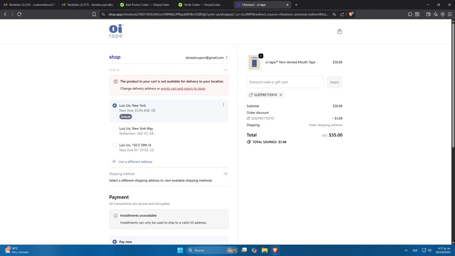 oi tape discount code screenshot showing code SLEEPBETTER10 applied at oi tape checkout page. Uploaded by SimplyCodes community member Mdeoca on Oct 20, 2025