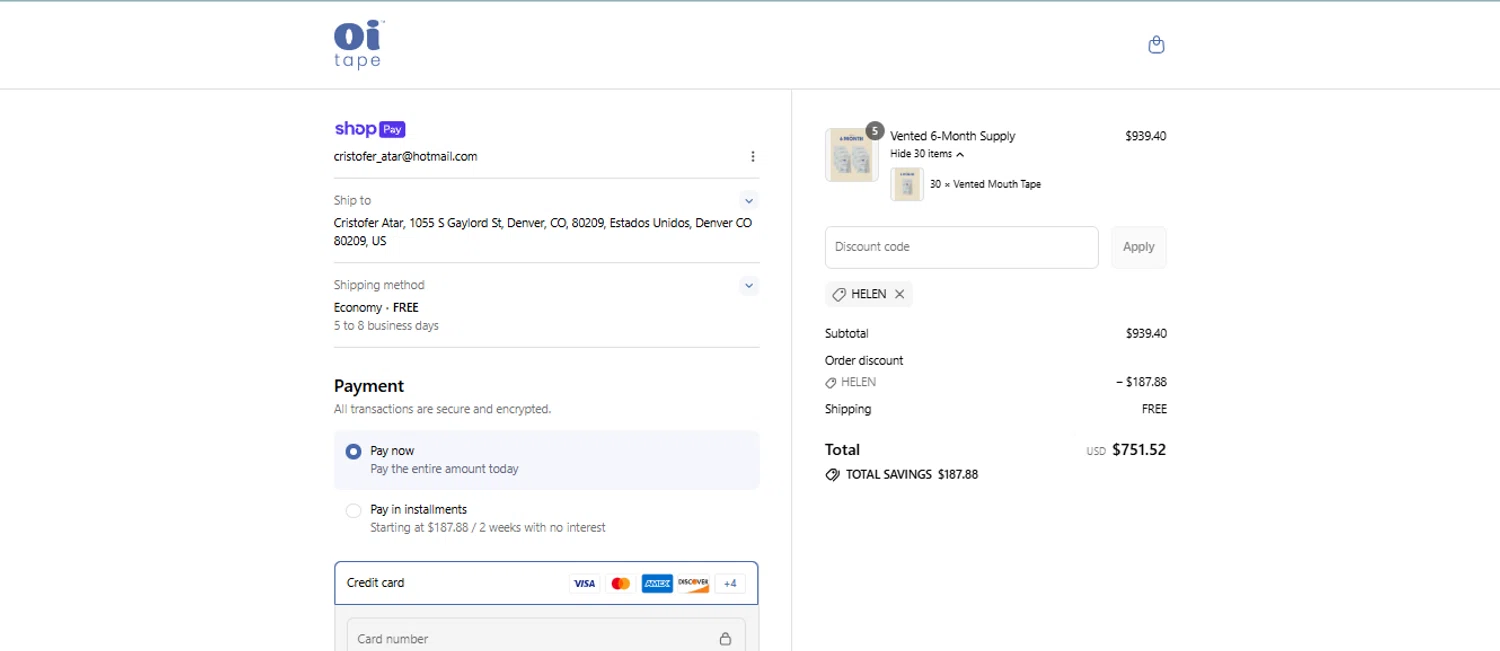 oi tape discount code screenshot showing code Helen applied at oi tape checkout page. Uploaded by SimplyCodes community member Fundolaroca on Jul 17, 2025