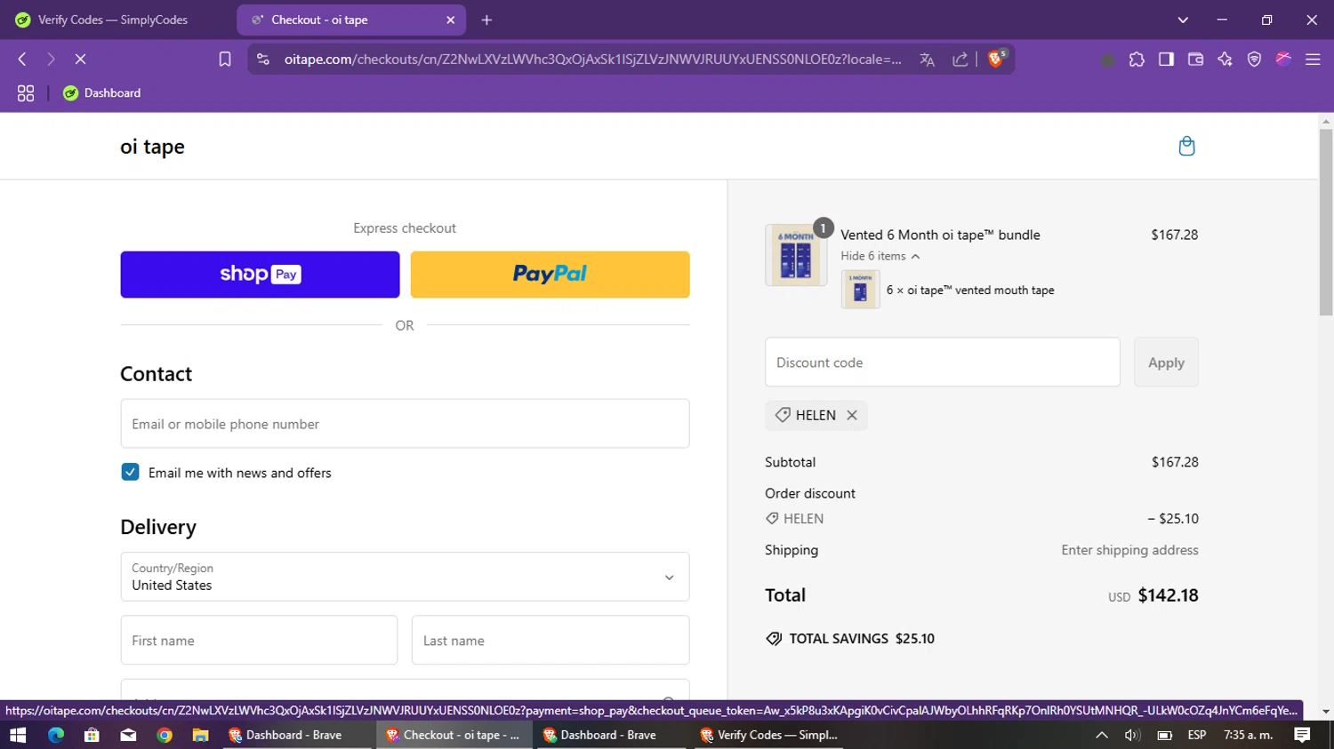 oi tape discount code screenshot showing code Helen applied at oi tape checkout page. Uploaded by SimplyCodes community member ShieldSleuth5508 on Feb 20, 2025