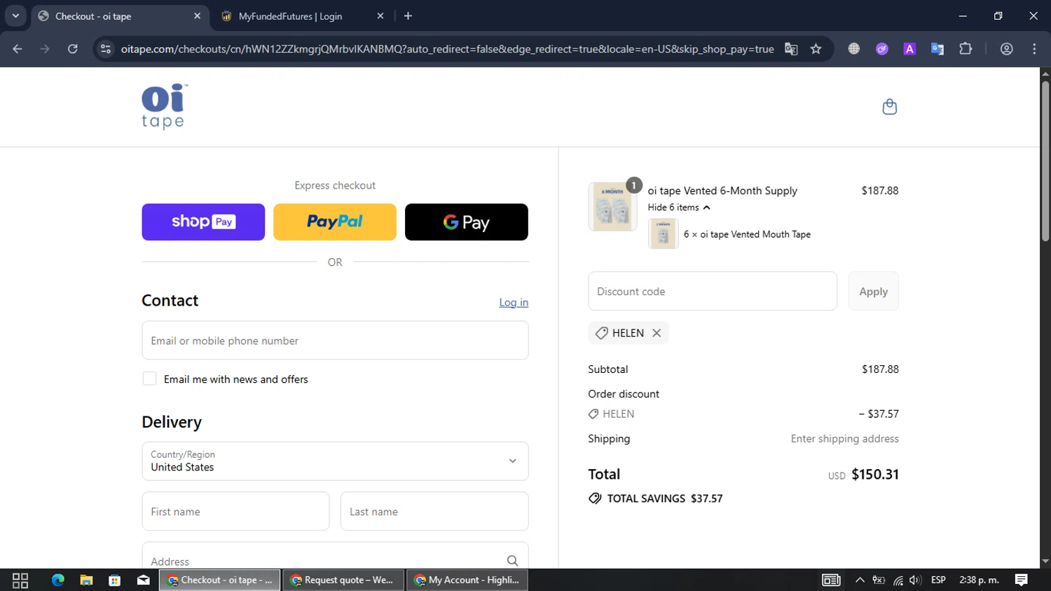 oi tape discount code screenshot showing code Helen applied at oi tape checkout page. Uploaded by SimplyCodes community member ThriftyMaestro5086 on Jul 25, 2025