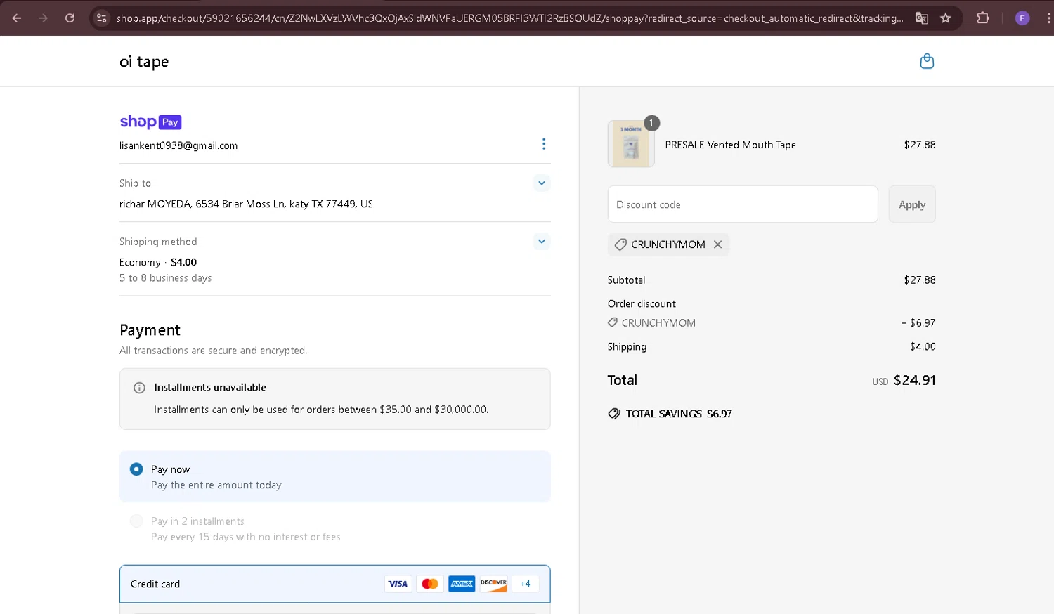 oi tape discount code screenshot showing code Crunchymom applied at oi tape checkout page. Uploaded by SimplyCodes community member Richard2 on Jun 3, 2025