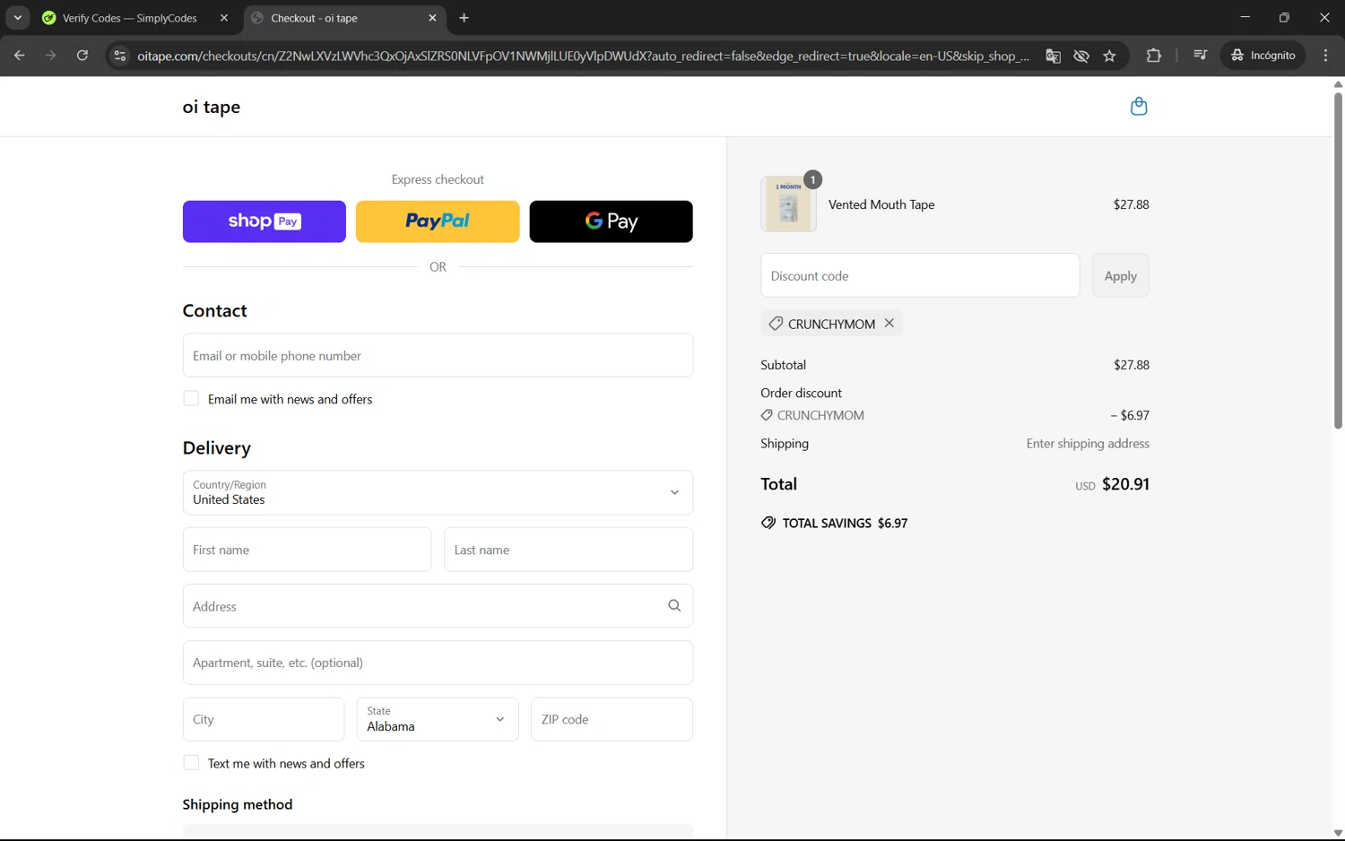 oi tape discount code screenshot showing code Crunchymom applied at oi tape checkout page. Uploaded by SimplyCodes community member juan1702 on May 20, 2025