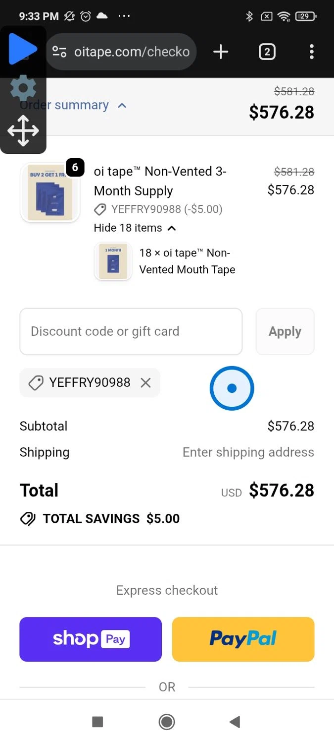 oi tape checkout page showing oi tape discount code box | Screenshot taken by SimplyCodes community member on Jan 10, 2026