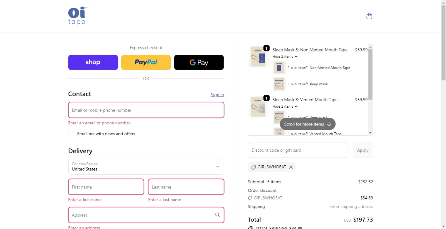 oi tape discount code screenshot showing code GIRLSWHOEAT applied at oi tape checkout page. Uploaded by SimplyCodes community member PennyOwl696 on Oct 12, 2025