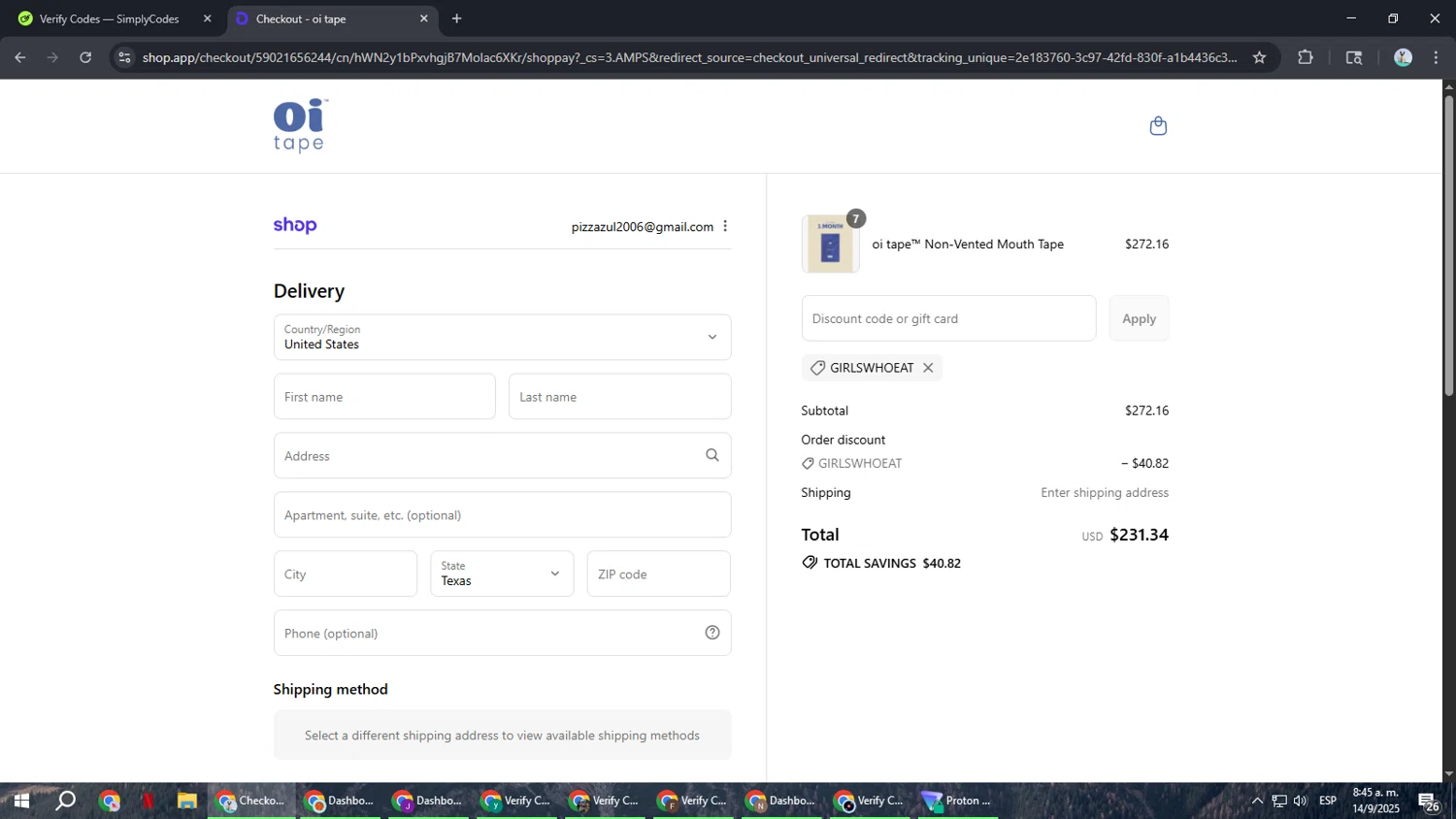 oi tape discount code screenshot showing code GIRLSWHOEAT applied at oi tape checkout page. Uploaded by SimplyCodes community member ShrewdSeeker6165 on Sep 14, 2025