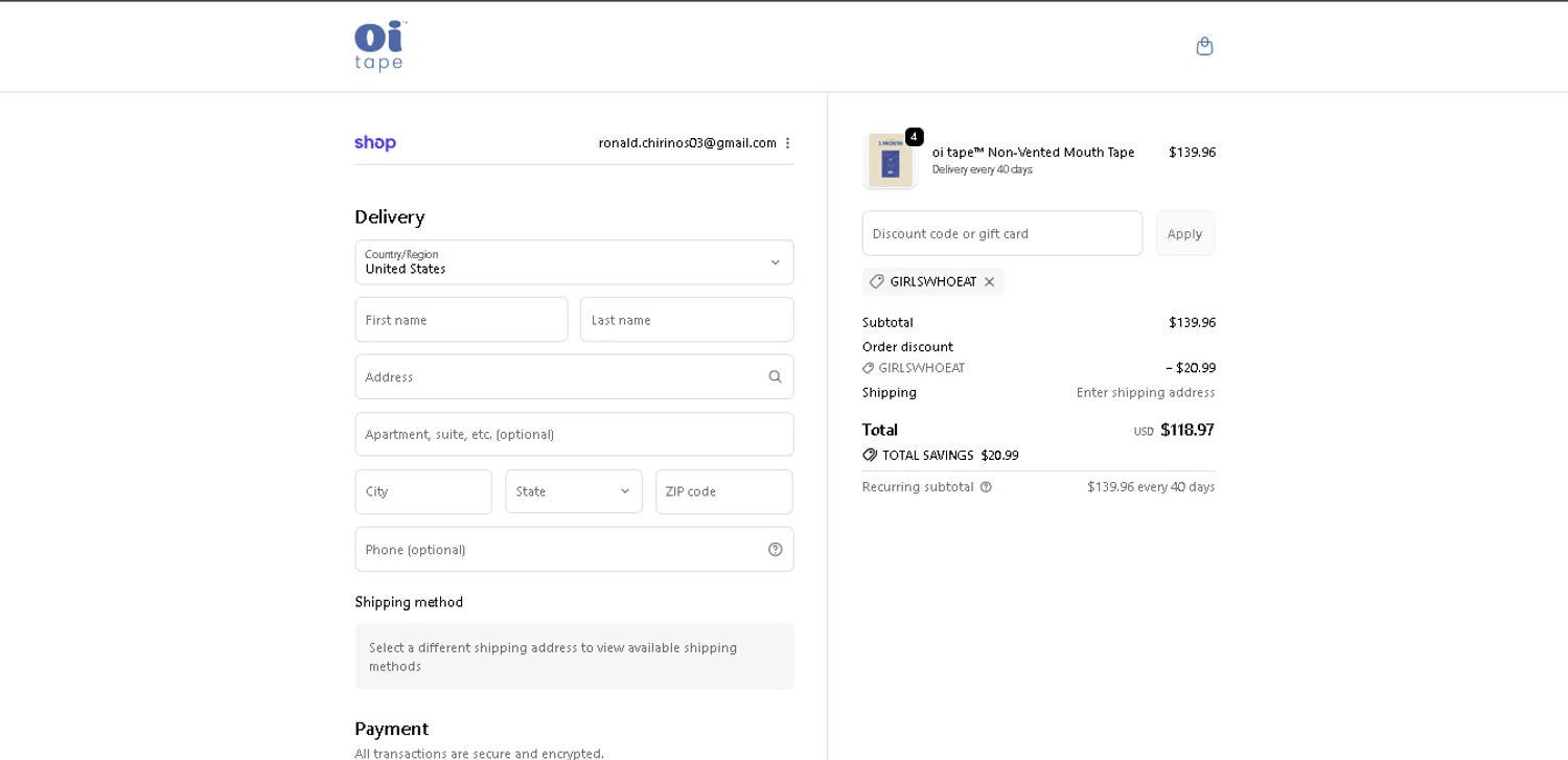 oi tape discount code screenshot showing code GIRLSWHOEAT applied at oi tape checkout page. Uploaded by SimplyCodes community member davisams on Nov 22, 2025