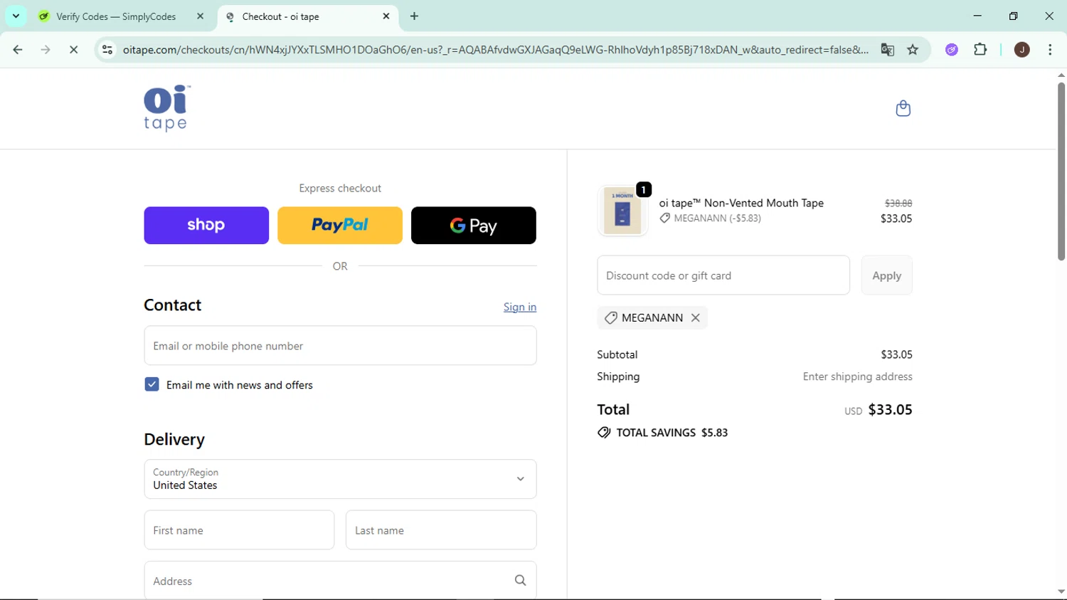 oi tape discount code screenshot showing code Meganann applied at oi tape checkout page. Uploaded by SimplyCodes community member LegendaryAce8627 on Nov 6, 2025