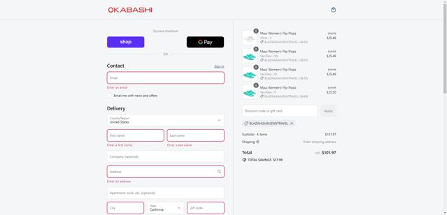 Okabashi checkout page showing Okabashi discount code box | Screenshot taken by SimplyCodes community member on Sep 12, 2025