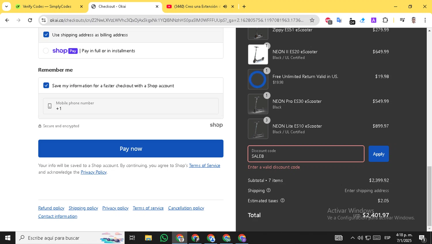 OKAI discount code screenshot showing code SALE8 applied at OKAI checkout page. Uploaded by SimplyCodes community member DarwinLugo on Jan 7, 2025