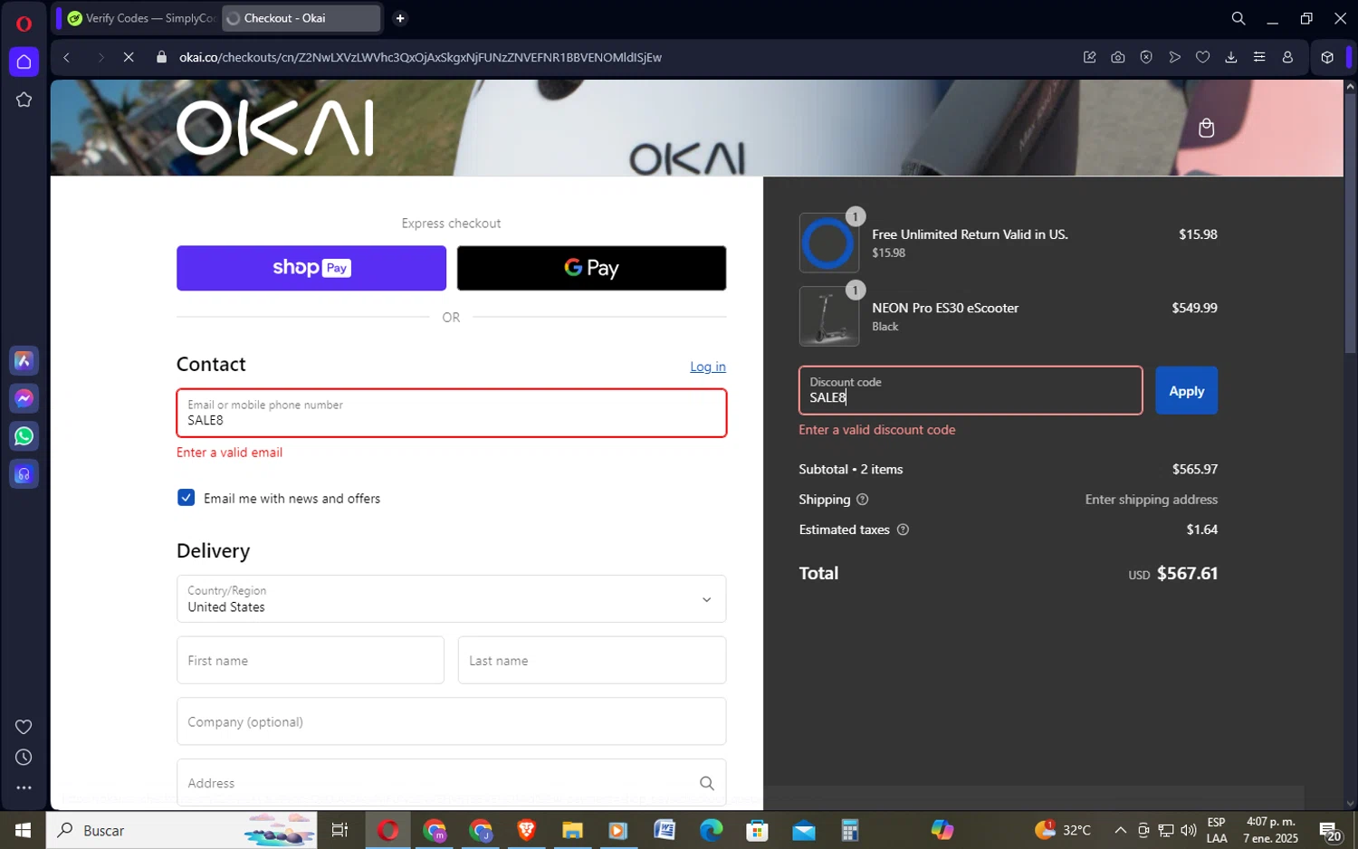 OKAI discount code screenshot showing code SALE8 applied at OKAI checkout page. Uploaded by SimplyCodes community member SavingsSentinel833 on Jan 7, 2025