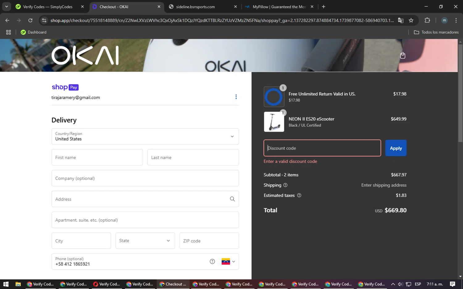 OKAI discount code screenshot showing code NQ3GBGQ7 applied at OKAI checkout page. Uploaded by SimplyCodes community member CoinHunter3841 on Feb 18, 2025